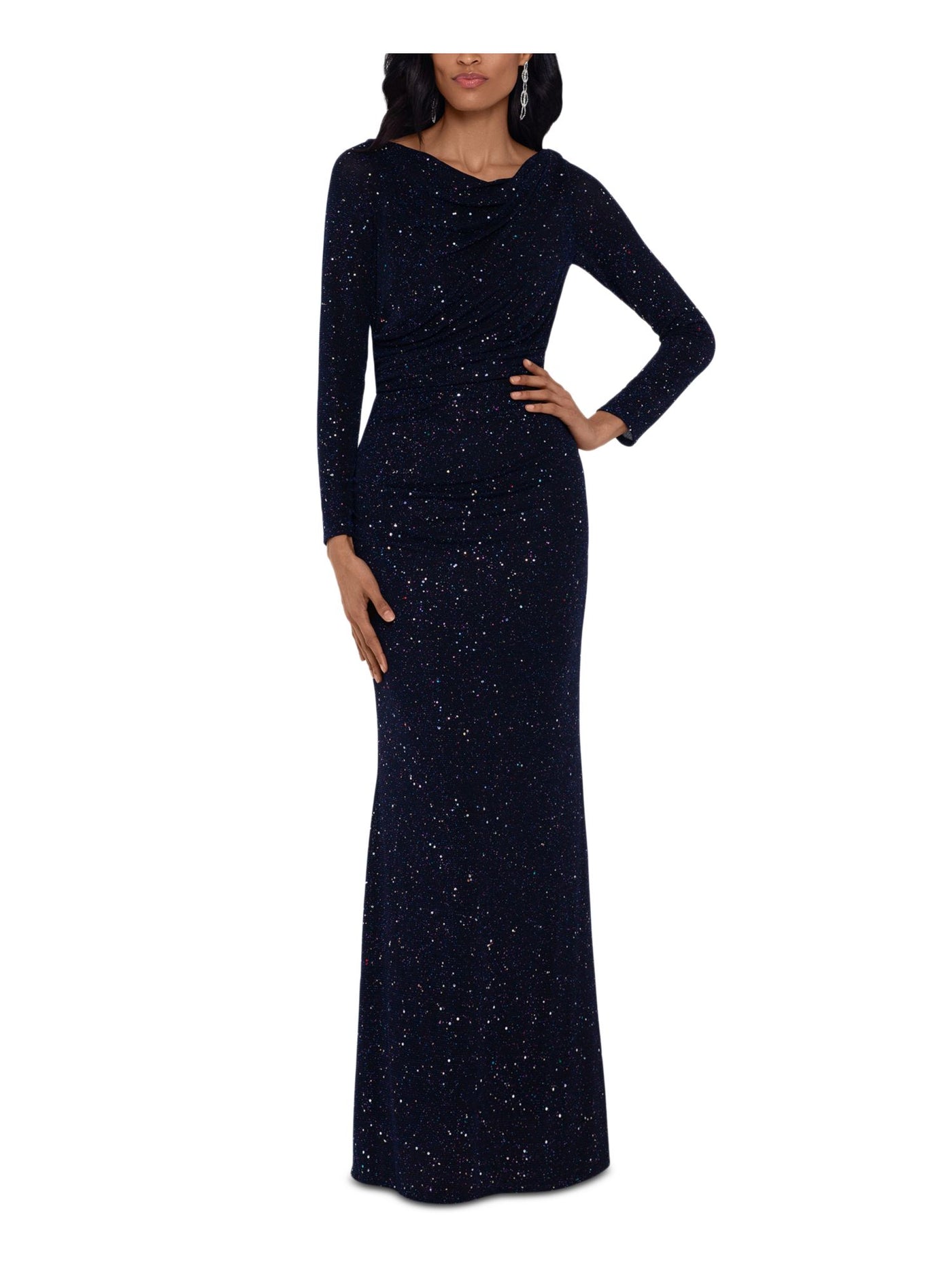 BETSY & ADAM Womens Navy Glitter Patterned Long Sleeve Jewel Neck Full-Length Evening Body Con Dress 4