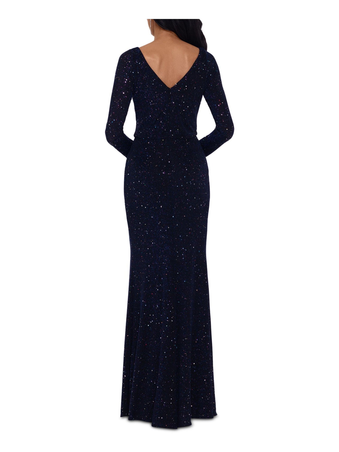 BETSY & ADAM Womens Navy Glitter Patterned Long Sleeve Jewel Neck Full-Length Evening Body Con Dress 4