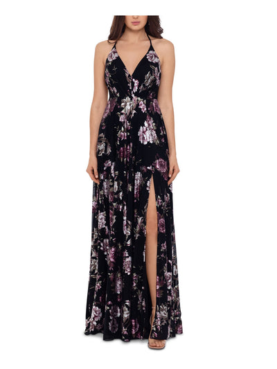 BETSY & ADAM Womens Black Ruched Slitted Open Back Floral Sleeveless V Neck Full-Length Evening A-Line Dress 0