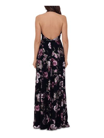 BETSY & ADAM Womens Black Ruched Slitted Open Back Floral Sleeveless V Neck Full-Length Evening A-Line Dress 0