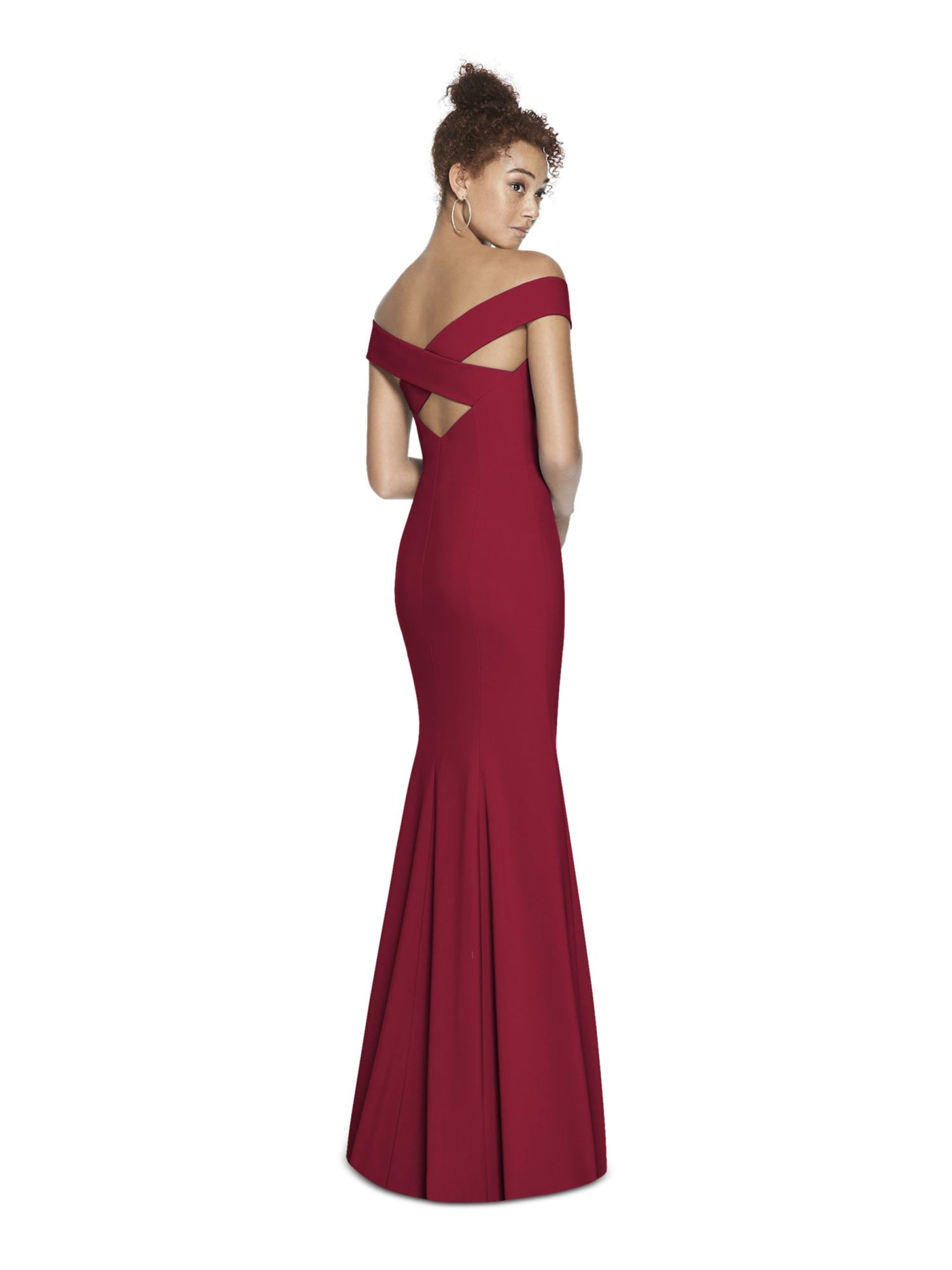 DESSY COLLECTION Womens Red Slitted Lined Criss Cross Back Short Sleeve Off Shoulder Full-Length Evening Gown Dress 2