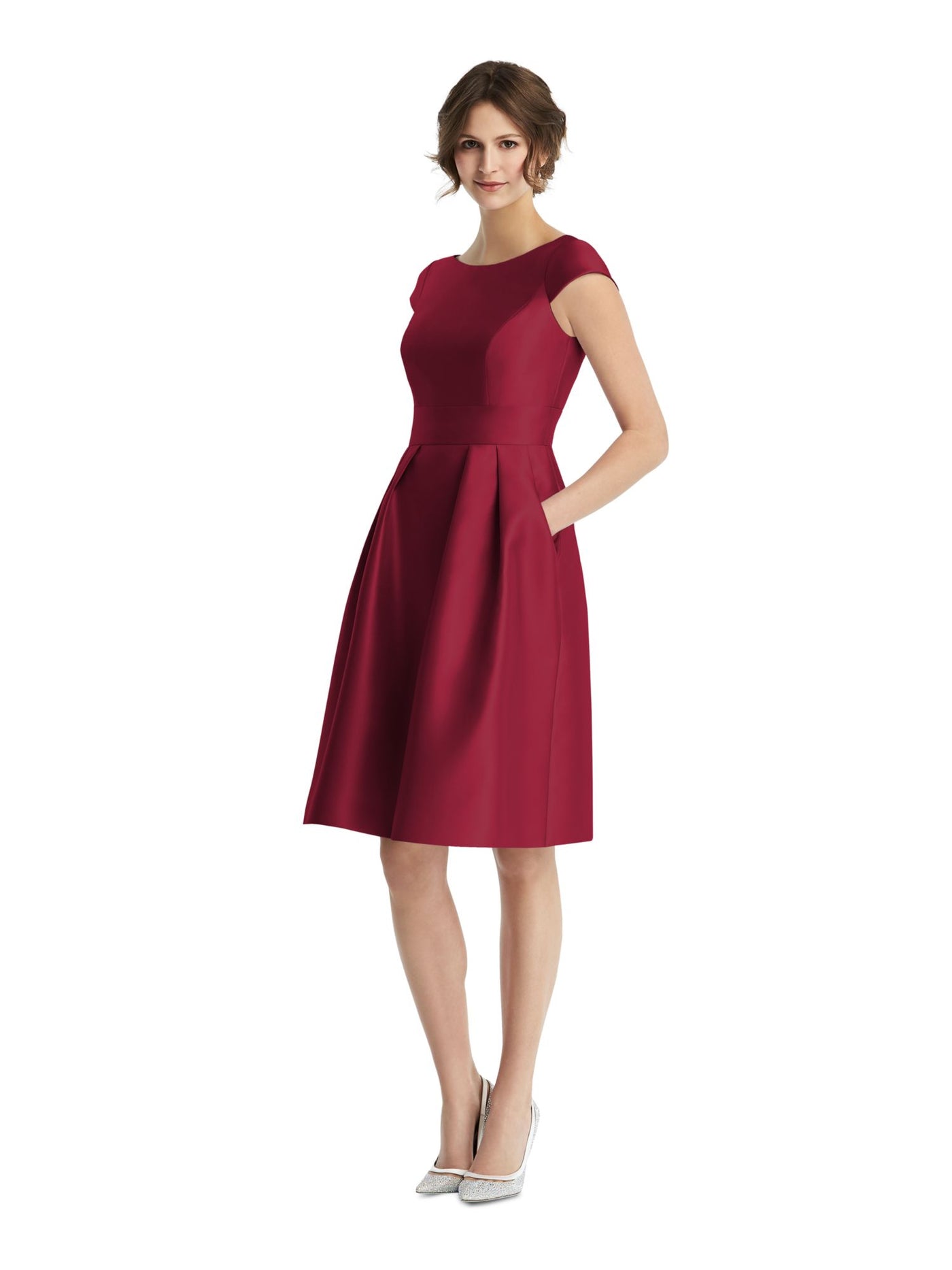 ALFRED SUNG Womens Maroon Zippered Pocketed V Back Lined Pleated Cap Sleeve Boat Neck Above The Knee Evening Fit + Flare Dress 14