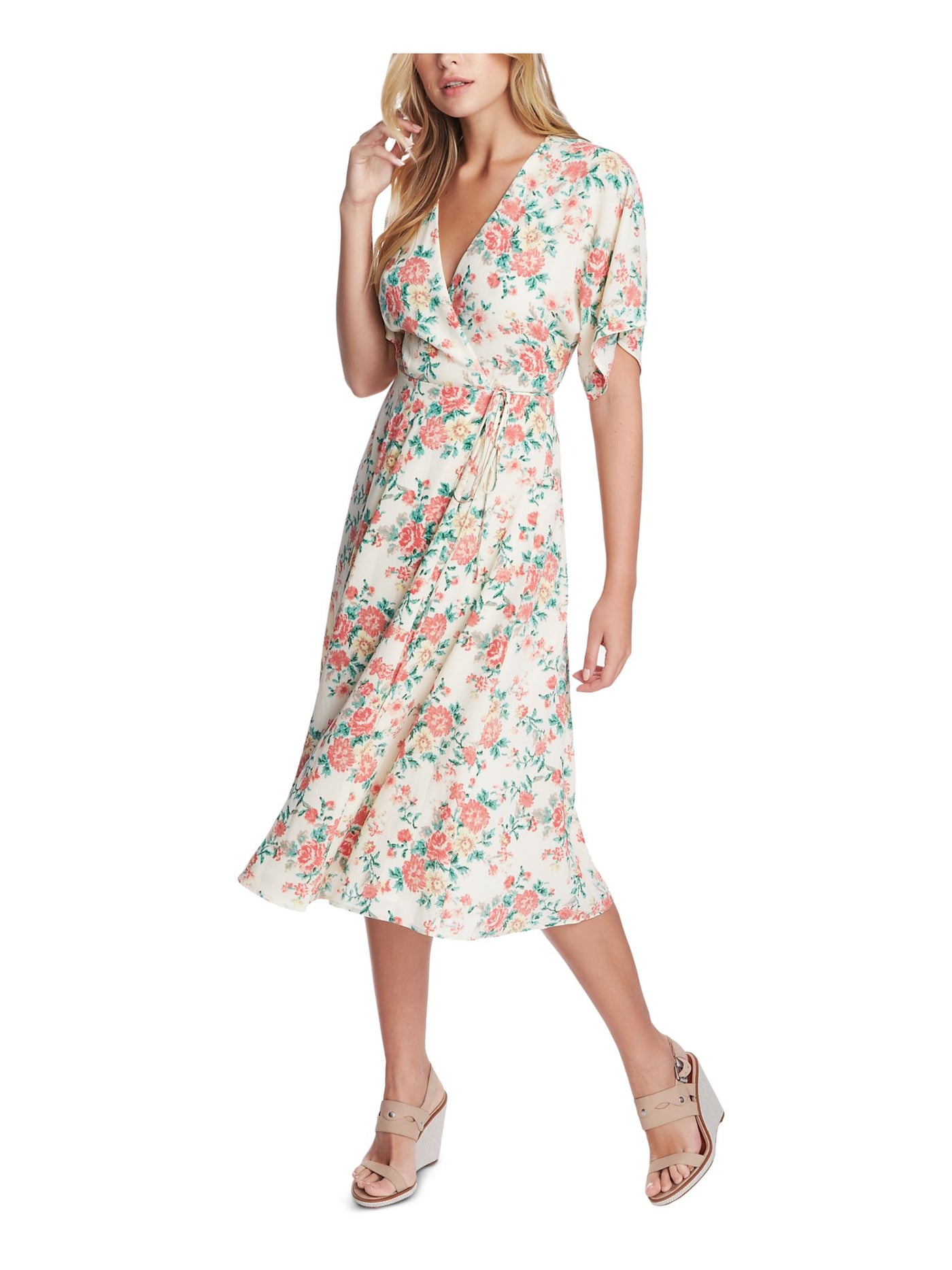 1. STATE Womens Ivory Tie Printed Flutter V Neck Midi Wrap Dress 0