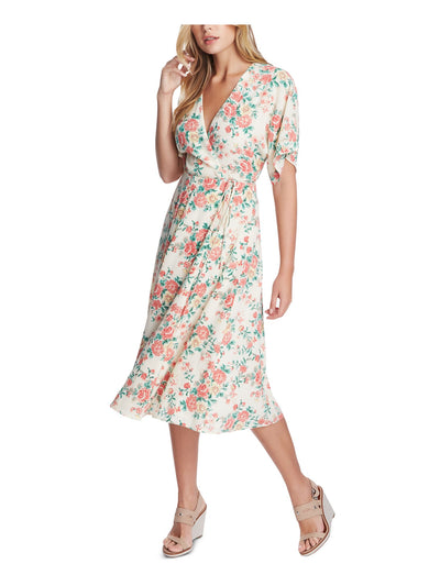 1. STATE Womens Ivory Tie Printed Flutter V Neck Midi Wrap Dress 0