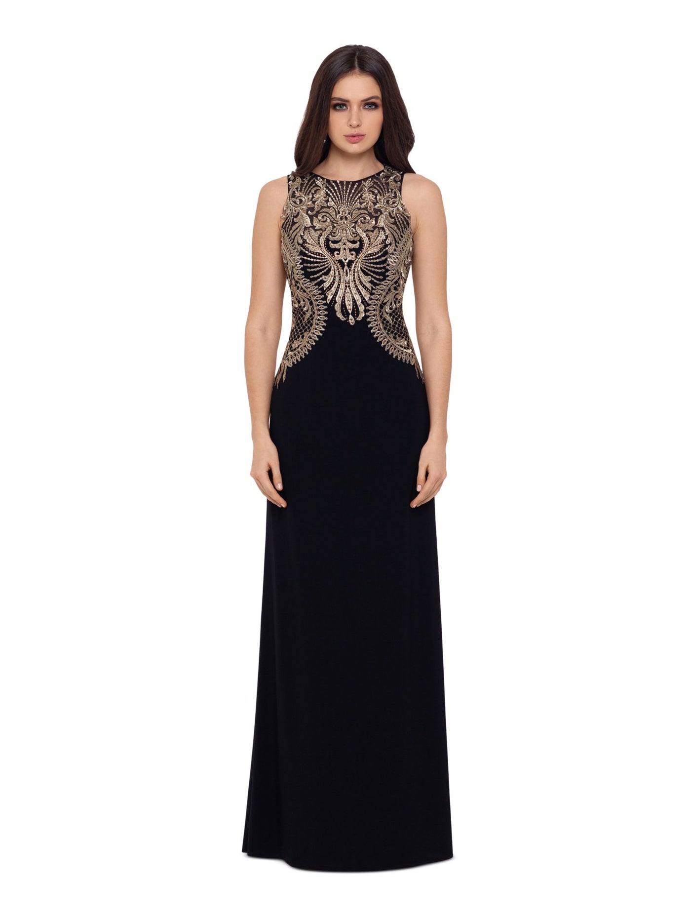 BETSY & ADAM Womens Black Embellished Zippered Patterned Sleeveless Jewel Neck Full-Length Formal Dress 2