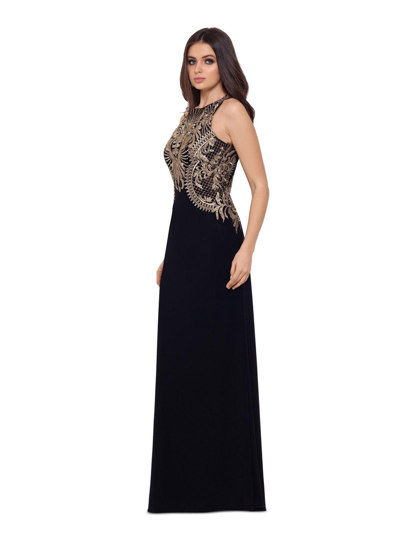 BETSY & ADAM Womens Black Embellished Zippered Patterned Sleeveless Jewel Neck Full-Length Formal Dress 2