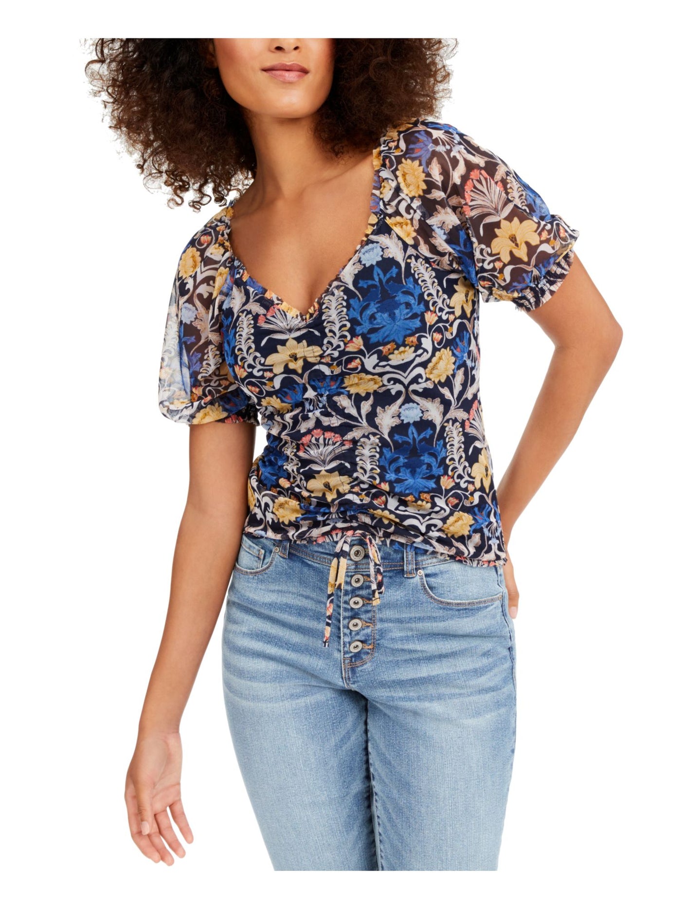 INC Womens Navy Floral Short Sleeve V Neck Top XS