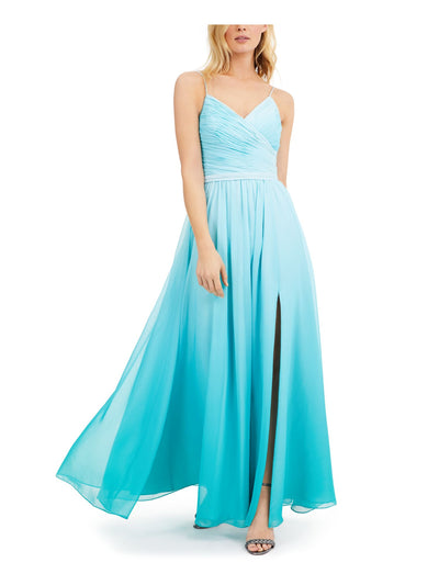 CALVIN KLEIN Womens Turquoise Zippered Pleated Chiffon Slit Ombre Spaghetti Strap V Neck Full-Length Formal Gown Dress 10