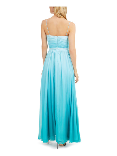 CALVIN KLEIN Womens Turquoise Zippered Pleated Chiffon Slit Ombre Spaghetti Strap V Neck Full-Length Formal Gown Dress 10