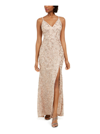 VINCE CAMUTO Womens Beige Sequined Lace Floral Spaghetti Strap V Neck Full-Length Formal Sheath Dress 4