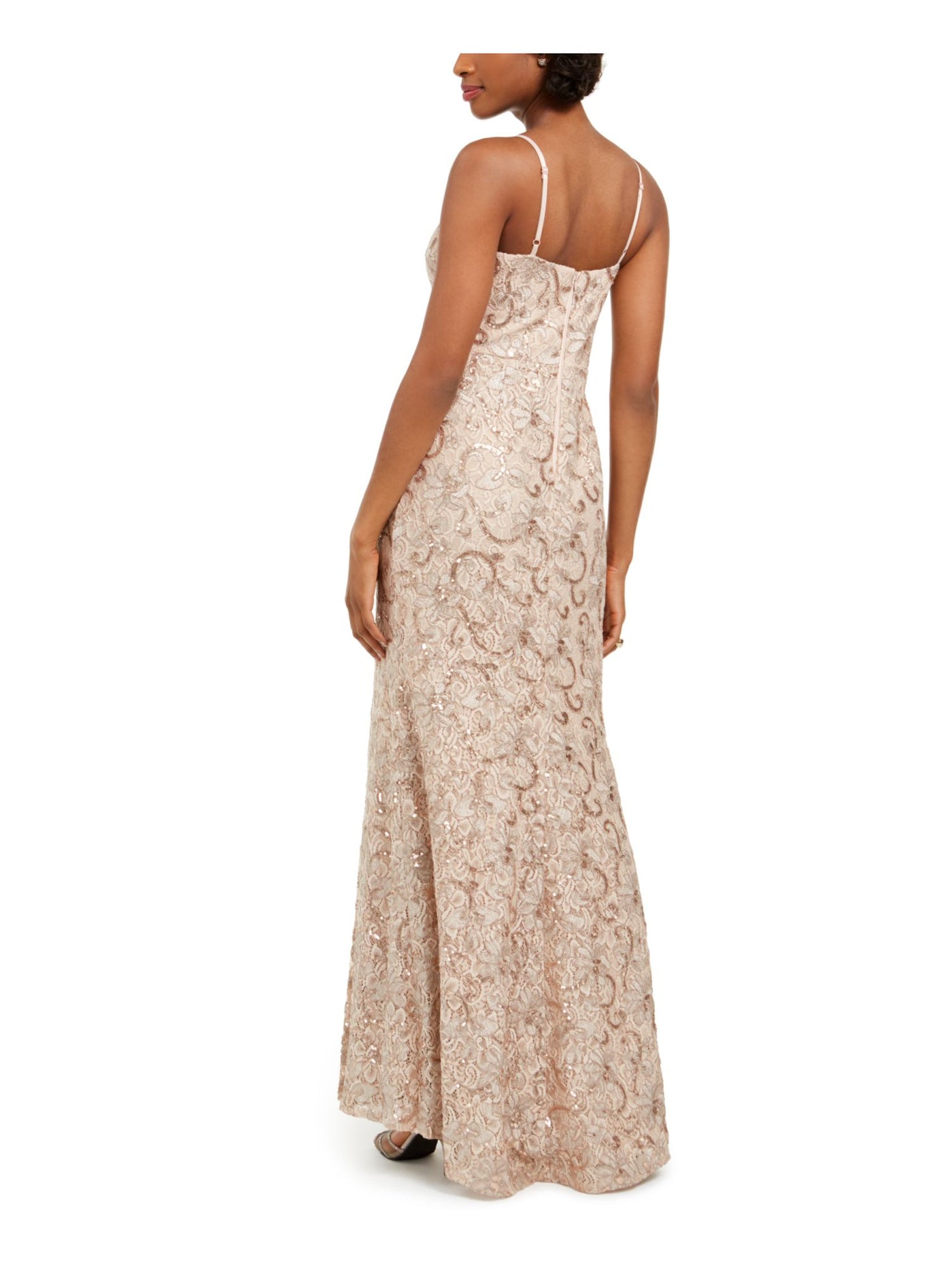 VINCE CAMUTO Womens Beige Sequined Lace Floral Spaghetti Strap V Neck Full-Length Formal Sheath Dress 4