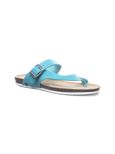 BEAR PAW Womens Aqua Turquoise Logo Stud Cork Infused Midsole Adjustable Strap Buckle Accent Oceania Round Toe Slip On Leather Thong Sandals Shoes 6