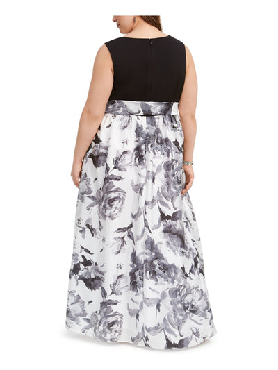 R&M RICHARDS Womens Black Belted Floral Sleeveless Full-Length Formal Fit + Flare Dress Plus 18W