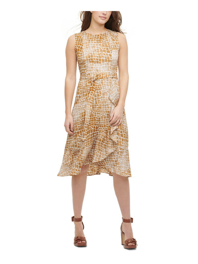 CALVIN KLEIN Womens Brown Ruffled Printed Sleeveless Crew Neck Tea-Length Fit + Flare Dress 4