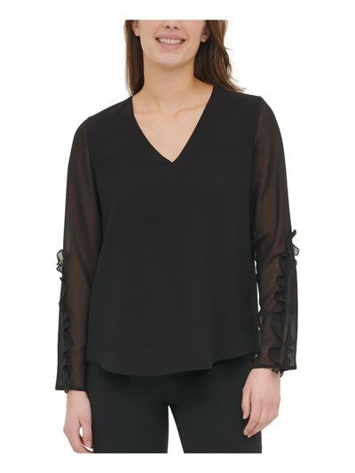 CALVIN KLEIN Womens Black Ruffled Sleeves Long Sleeve V Neck Wear To Work Blouse S