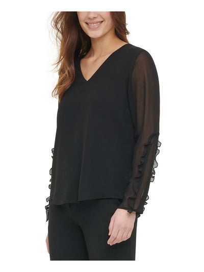 CALVIN KLEIN Womens Black Ruffled Sleeves Long Sleeve V Neck Wear To Work Blouse S