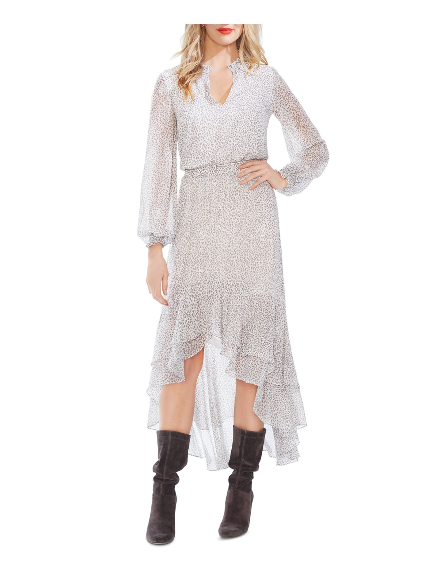1. STATE Womens White Smocked Ruffled Lined Sheer Printed Blouson Sleeve Split Maxi Hi-Lo Dress XL