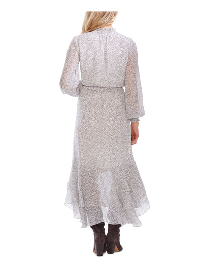 1. STATE Womens White Smocked Ruffled Lined Sheer Printed Blouson Sleeve Split Maxi Hi-Lo Dress XL