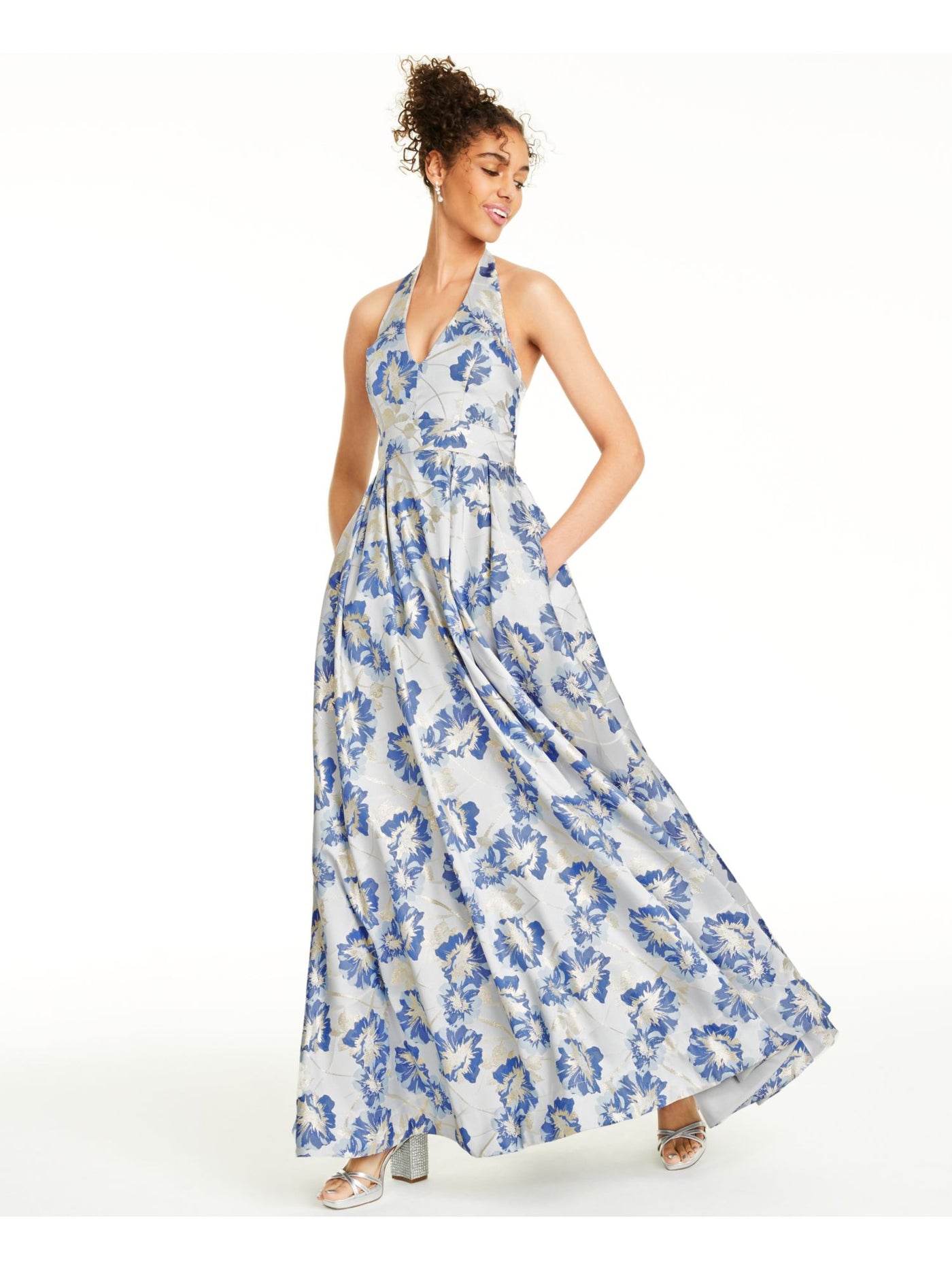 SPEECHLESS Womens Blue Floral Sleeveless V Neck Full-Length Formal Fit + Flare Dress Juniors 0