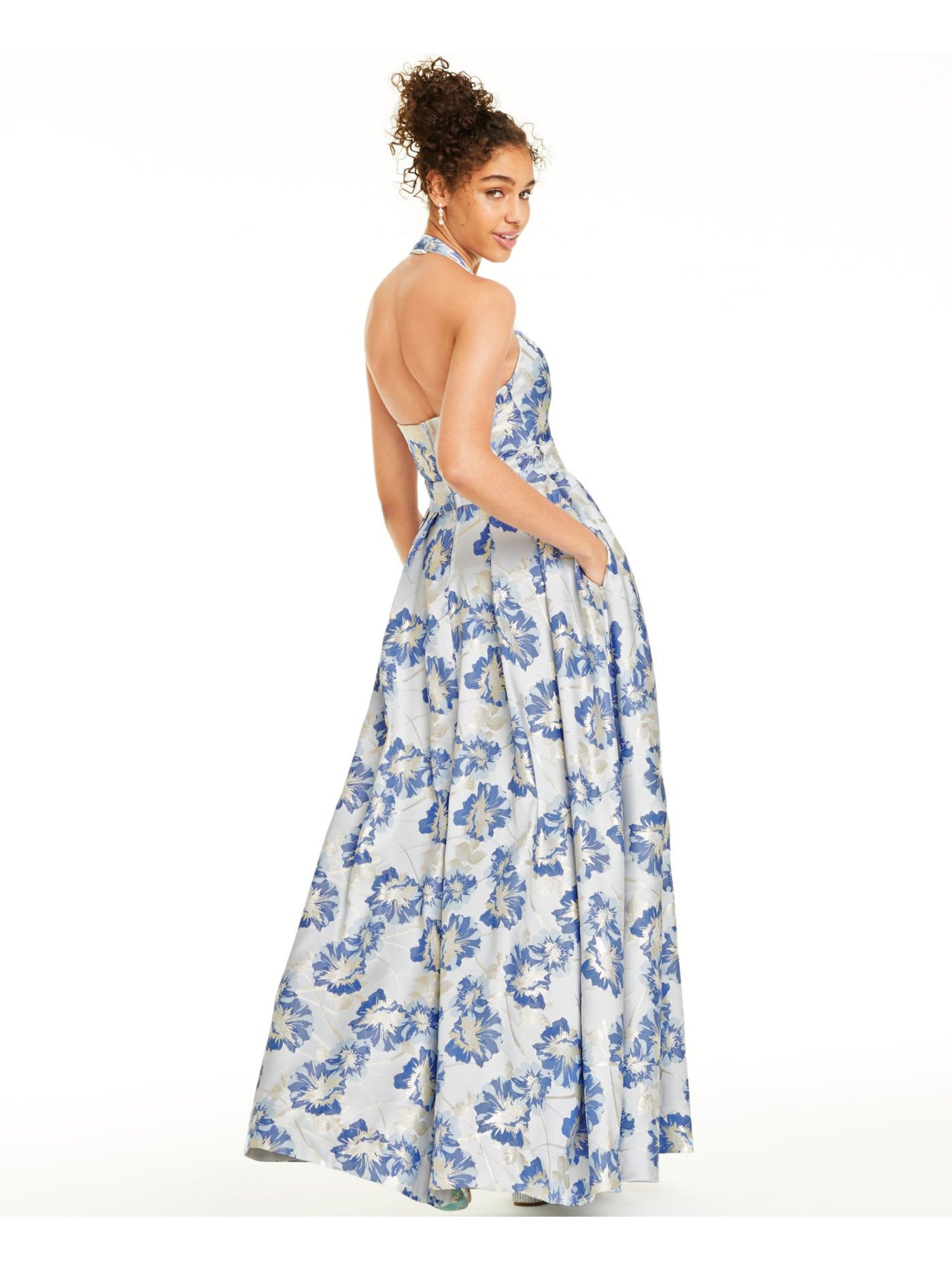 SPEECHLESS Womens Blue Floral Sleeveless V Neck Full-Length  Fit + Flare Prom Dress Juniors 3