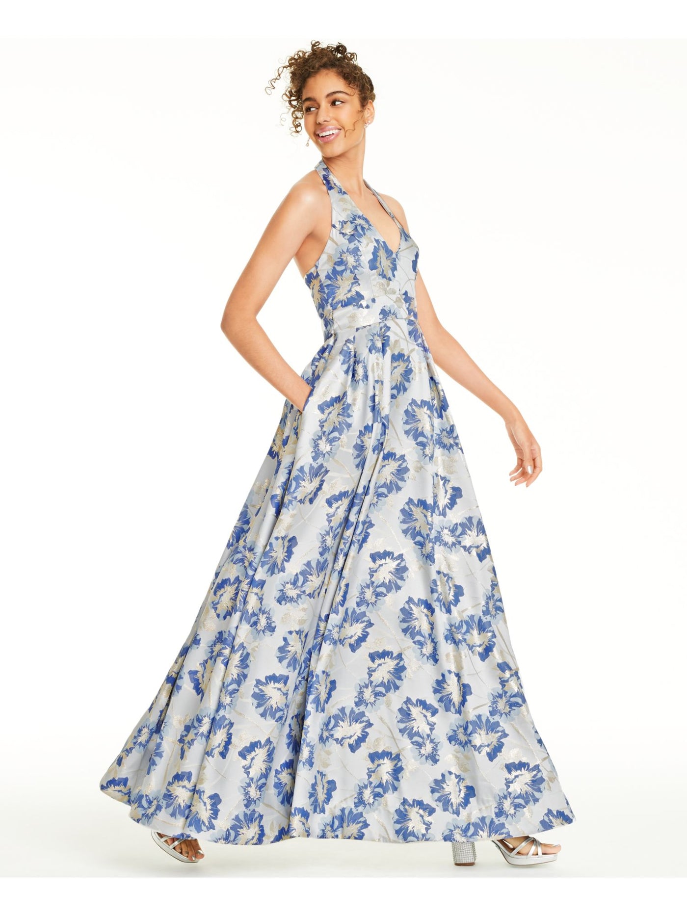 SPEECHLESS Womens Blue Floral Sleeveless V Neck Full-Length Formal Fit + Flare Dress Juniors 0