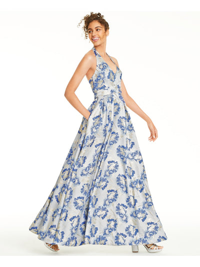 SPEECHLESS Womens Blue Floral Sleeveless V Neck Full-Length  Fit + Flare Prom Dress Juniors 3