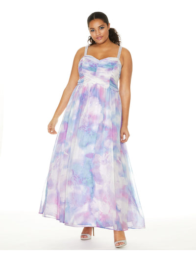 TRIXXI Womens Purple Embellished Ruched Chiffon Gown Printed Sleeveless Sweetheart Neckline Maxi Formal Dress Plus 14W