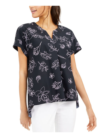 ALFANI Womens Black Floral Short Sleeve V Neck Hi-Lo Top L