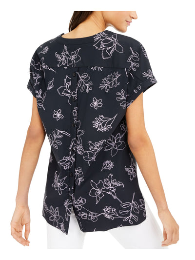 ALFANI Womens Black Floral Short Sleeve V Neck Hi-Lo Top L