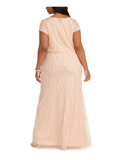 ADRIANNA PAPELL Womens Beaded Mesh Overlay Gown Short Sleeve Scoop Neck Full-Length Formal Blouson Dress