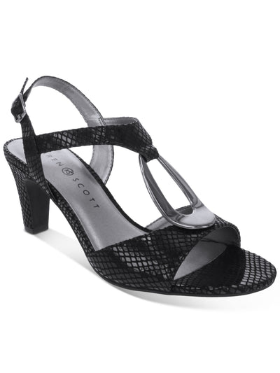 KAREN SCOTT Womens Black Patterned Hardware Detail Padded Adjustable Strap T-Strap Danee Almond Toe Block Heel Buckle Dress Sandals Shoes 9.5 M