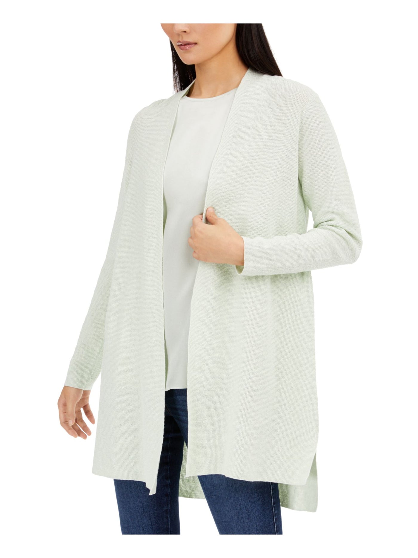 EILEEN FISHER Womens Green Textured Hi-lo Hem Long Sleeve Open Front Duster Sweater Petites PL