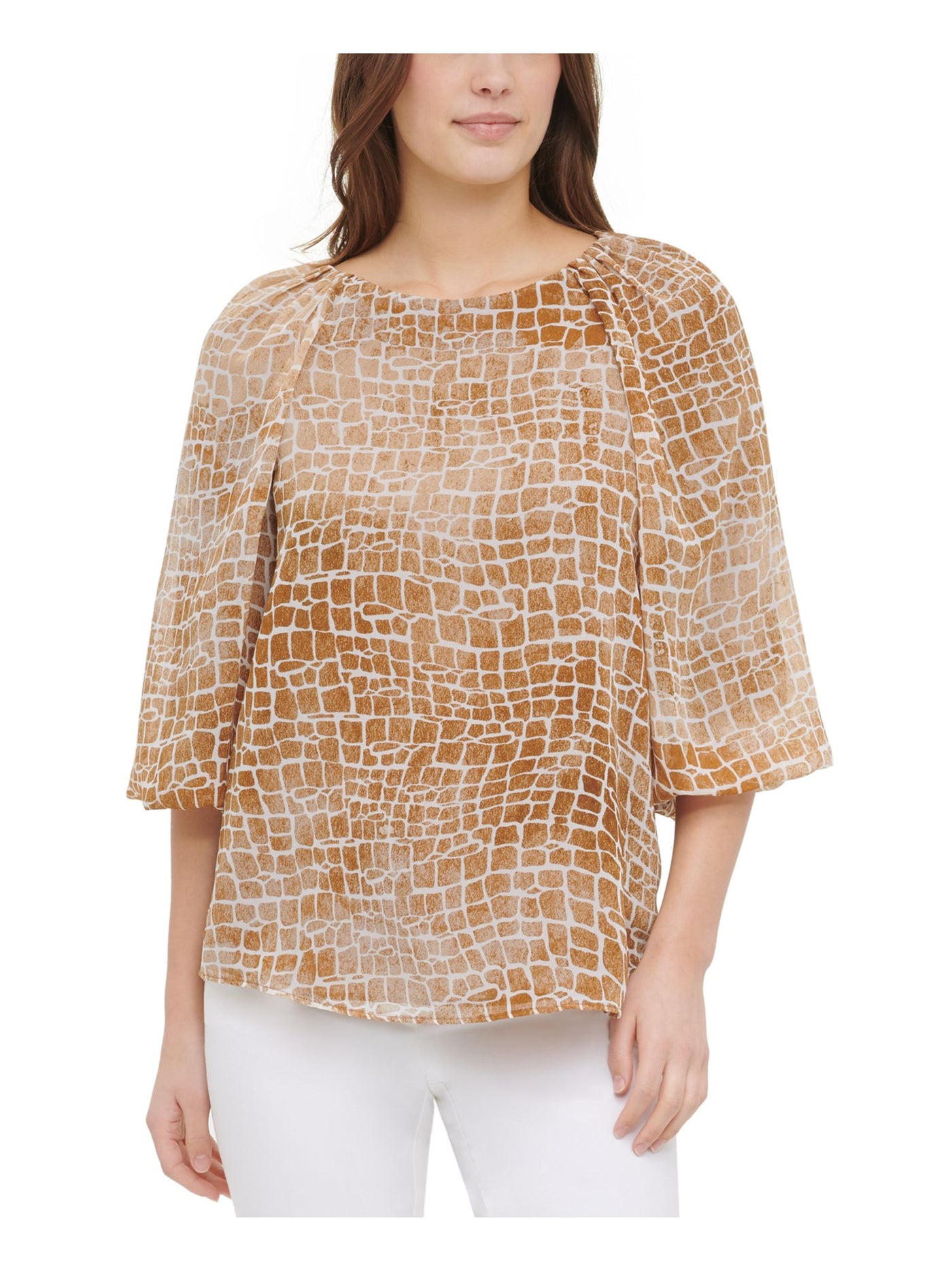 CALVIN KLEIN Womens Brown Sheer Printed Bell Sleeve Jewel Neck Top S