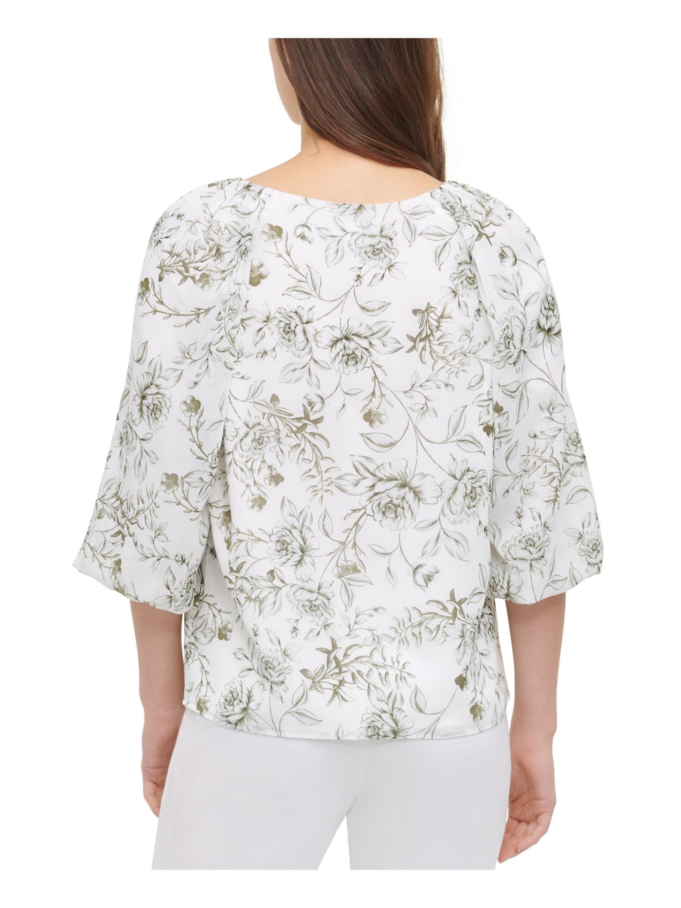 CALVIN KLEIN Womens Beige Sheer Floral Bell Sleeve Jewel Neck Top S