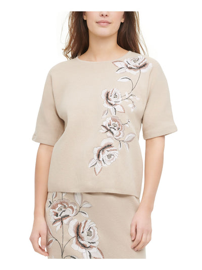 CALVIN KLEIN Womens Beige Embroidered Zippered Floral Elbow Sleeve Round Neck Sweater XS
