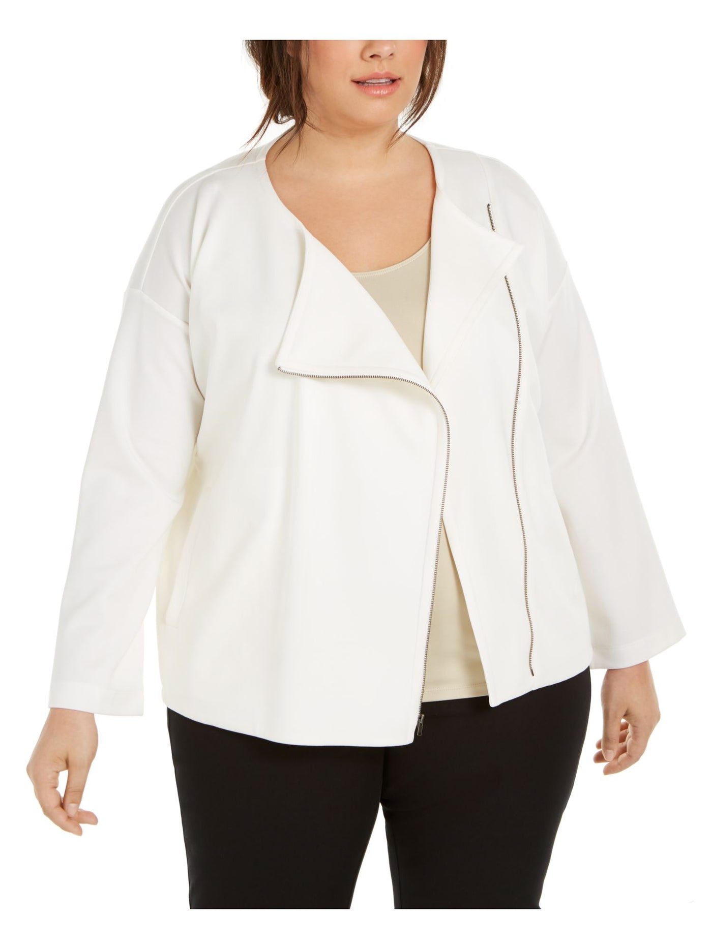 EILEEN FISHER Womens Ivory Zippered Pocketed Evening Motorcycle Jacket Plus 3X