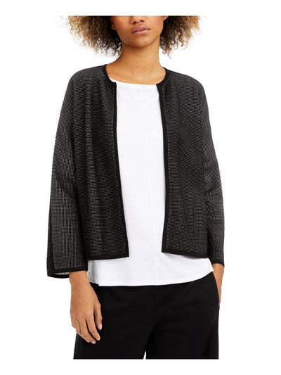 EILEEN FISHER Womens Black Textured Rib-knit Trim 3/4 Sleeve Open Front Cardigan XXS