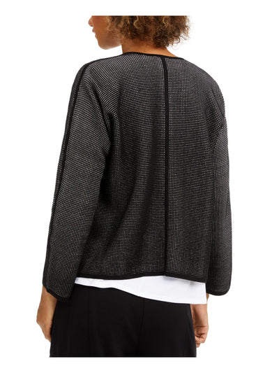 EILEEN FISHER Womens Black Textured Rib-knit Trim 3/4 Sleeve Open Front Cardigan XXS