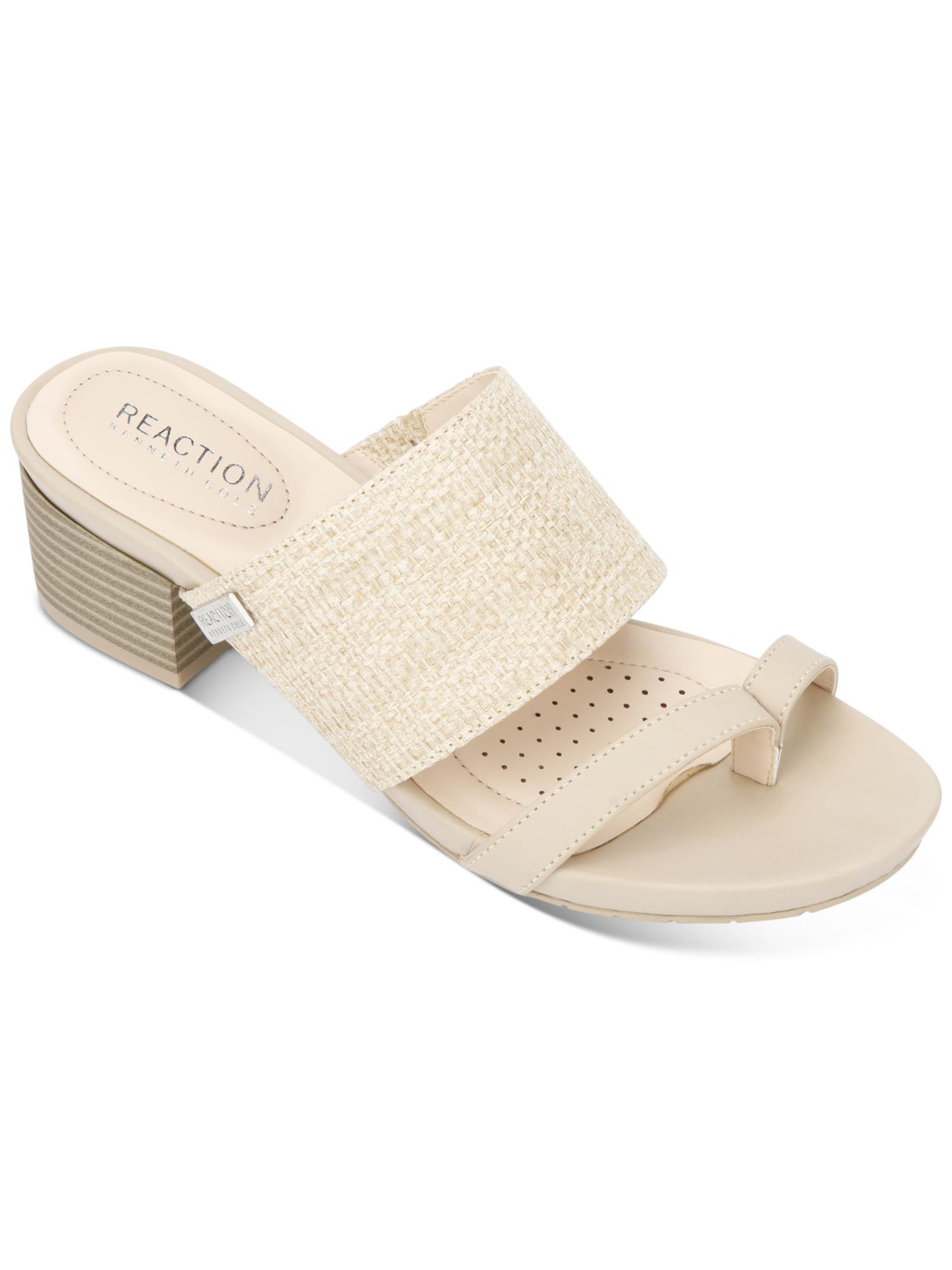 KENNETH COLE Womens Beige Woven Toe Loop Cushioned Logo Late Mule Round Toe Block Heel Slip On Thong Sandals Shoes 7.5 M