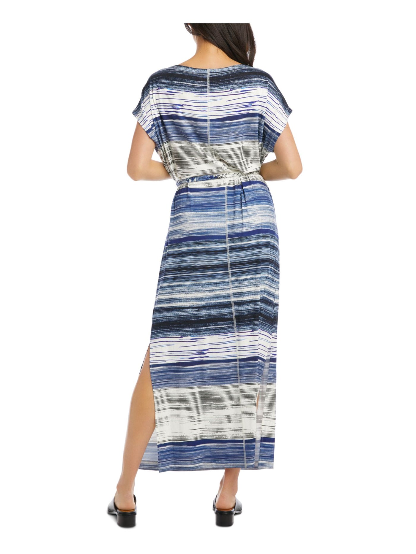 KAREN KANE Womens Blue Stretch Slitted Striped Short Sleeve Boat Neck Tea-Length Wear To Work A-Line Dress XS