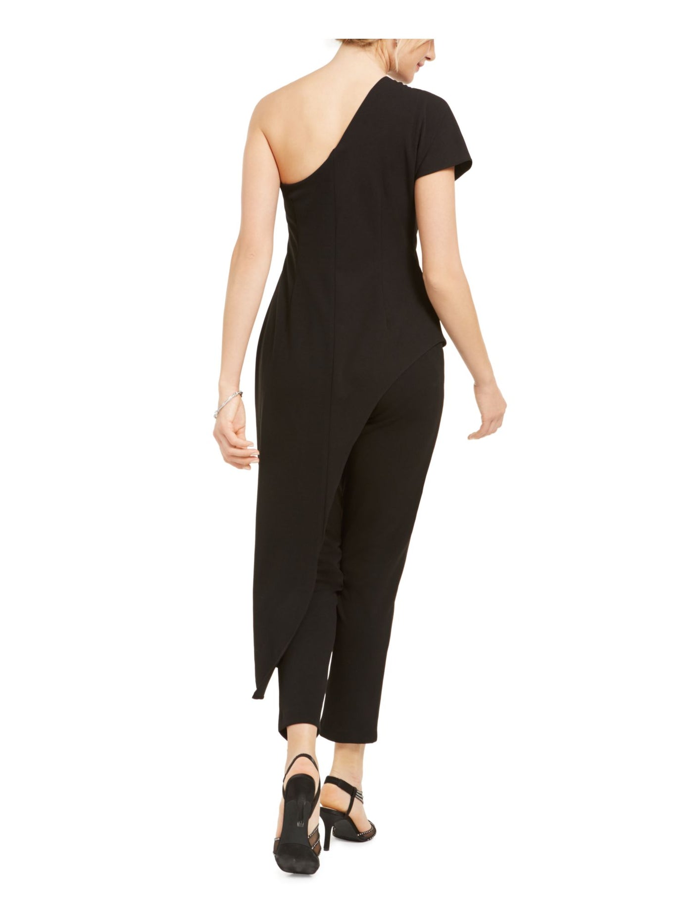 ADRIANNA PAPELL Womens Black Short Sleeve Asymmetrical Neckline Party Straight leg Jumpsuit 16