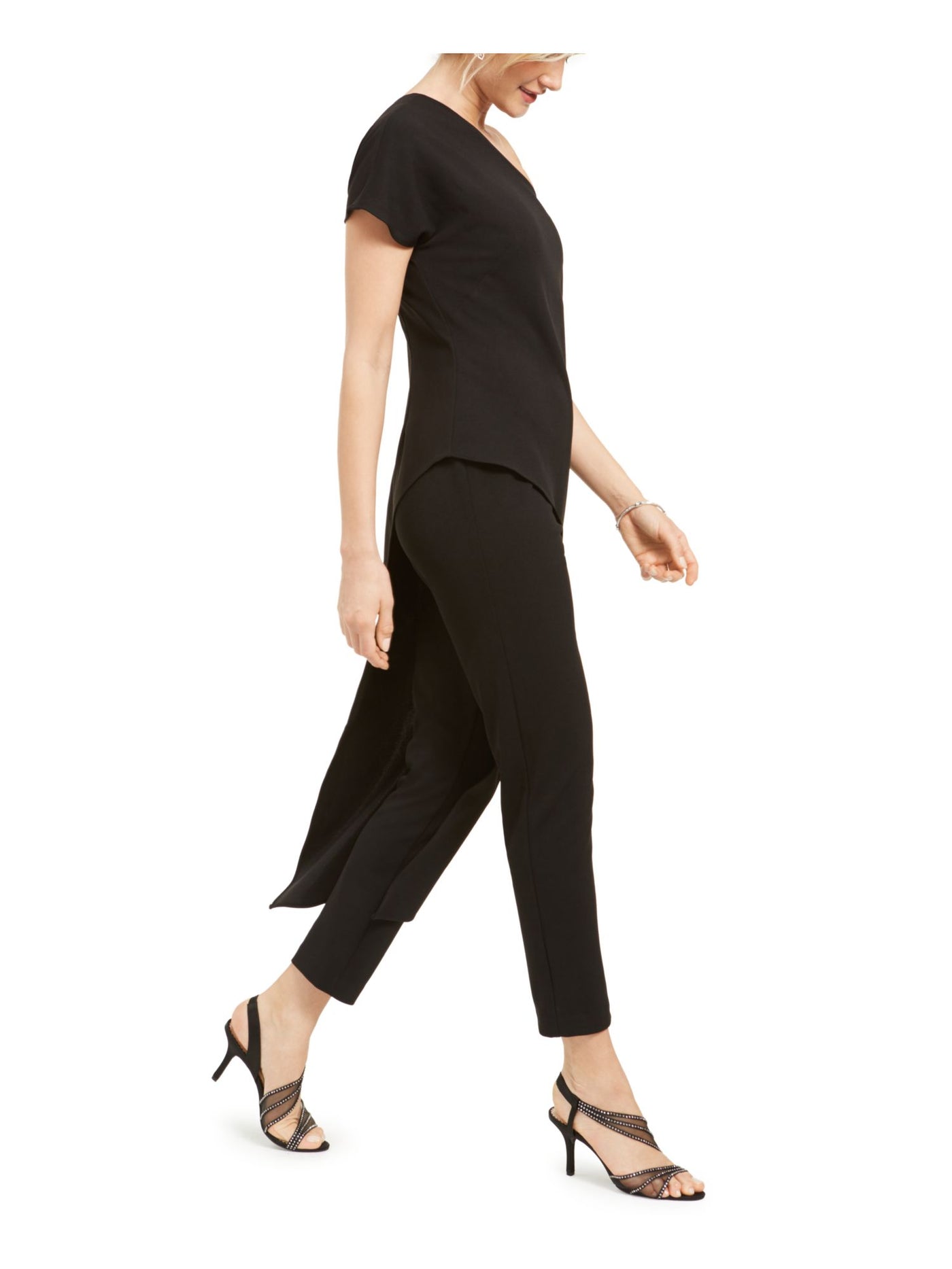 ADRIANNA PAPELL Womens Black Short Sleeve Asymmetrical Neckline Party Straight leg Jumpsuit 2