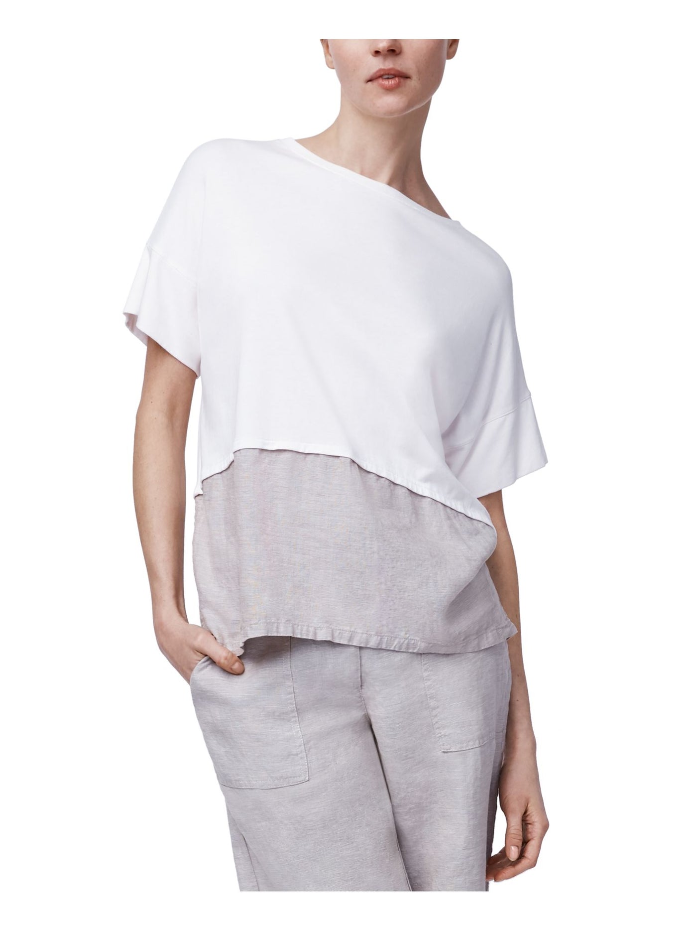 B NEW YORK Womens Beige Slitted Color Block Short Sleeve Jewel Neck Top M