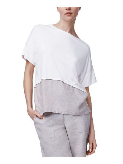 B NEW YORK Womens Beige Slitted Color Block Short Sleeve Jewel Neck Top M