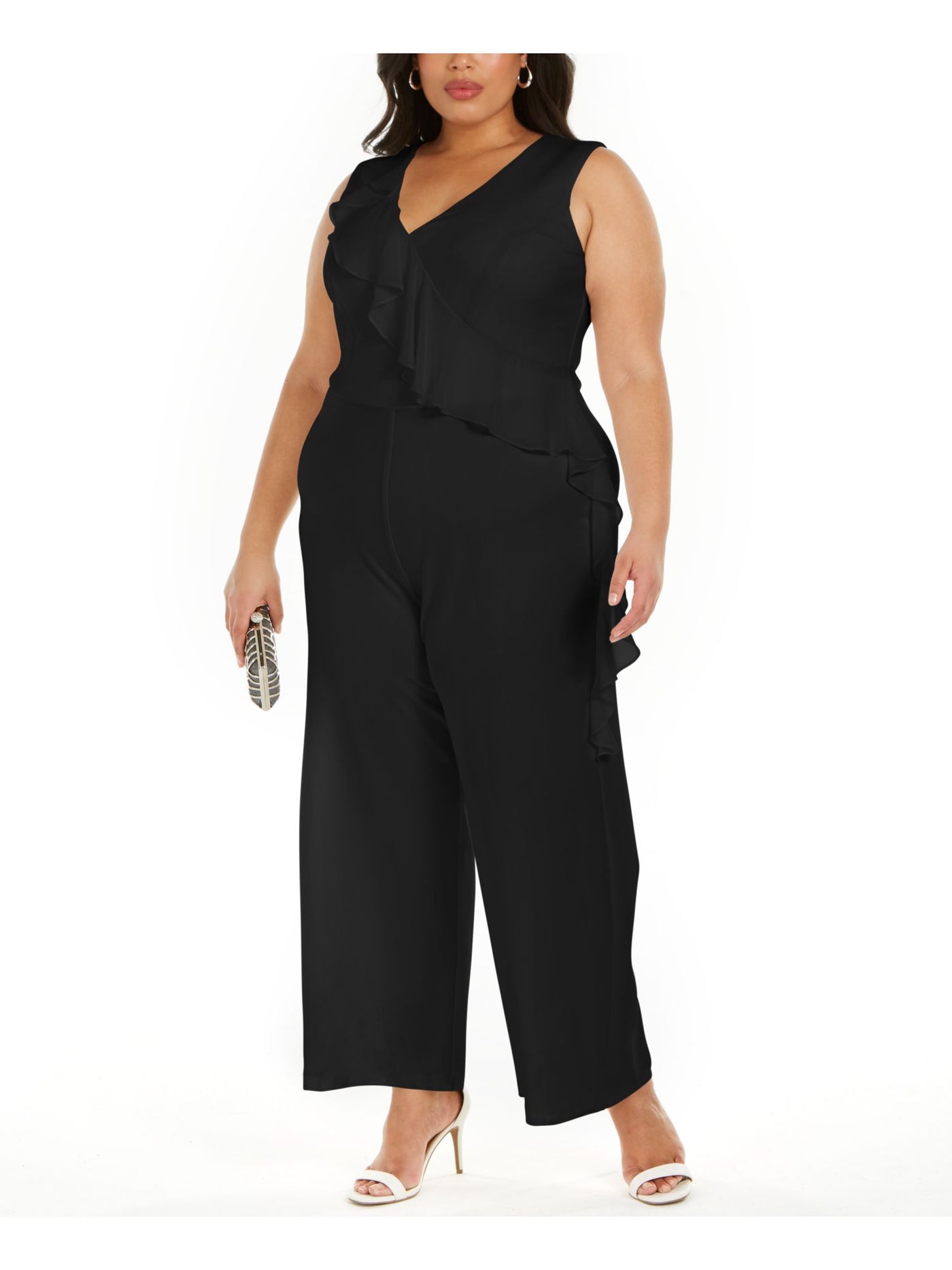 CONNECTED APPAREL Womens Black Ruffled Zippered Sleeveless V Neck Cocktail Wide Leg Jumpsuit Plus 22W