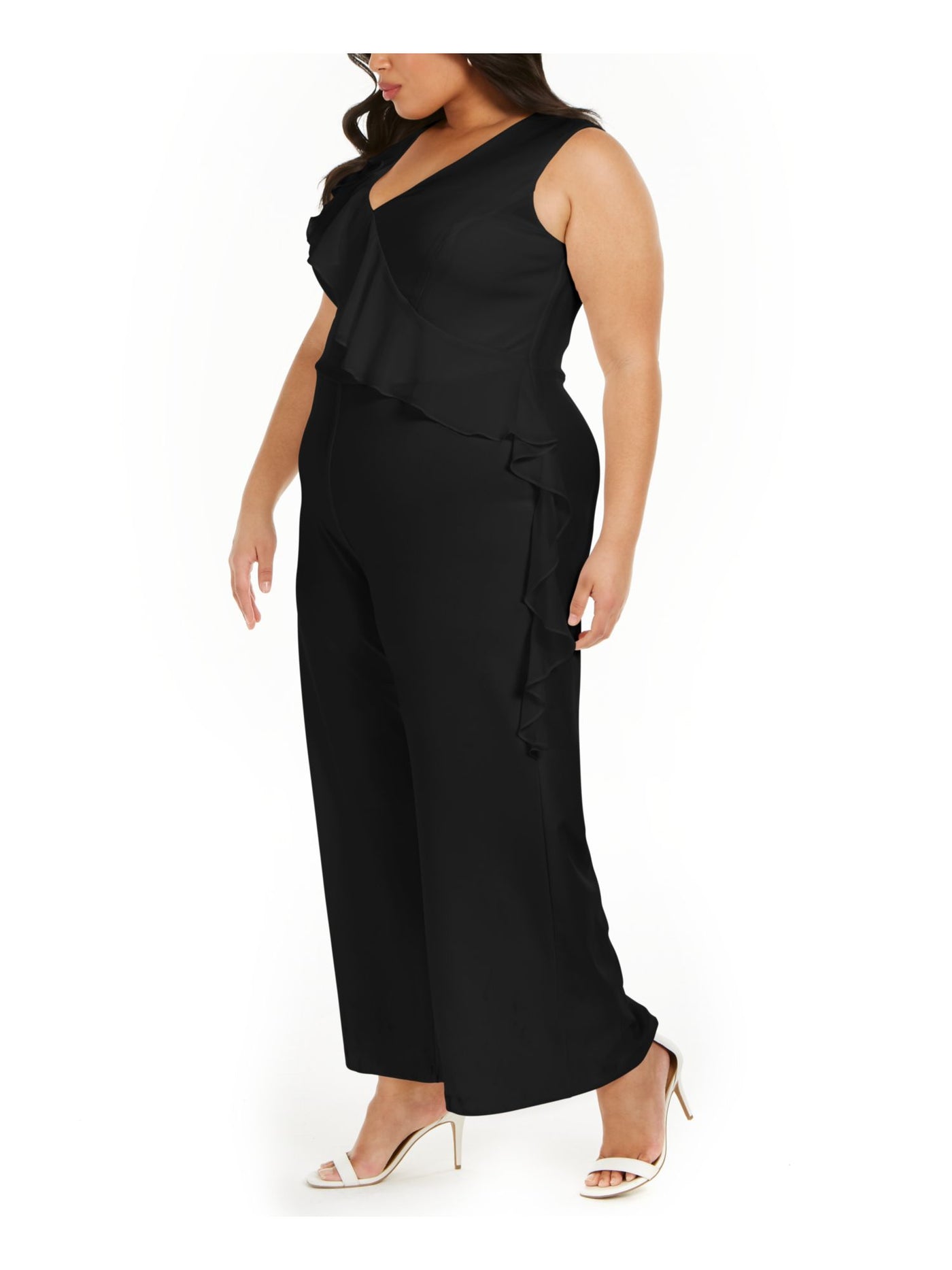 CONNECTED APPAREL Womens Ruffled Zippered Sheer Sleeveless V Neck Cocktail Wide Leg Jumpsuit