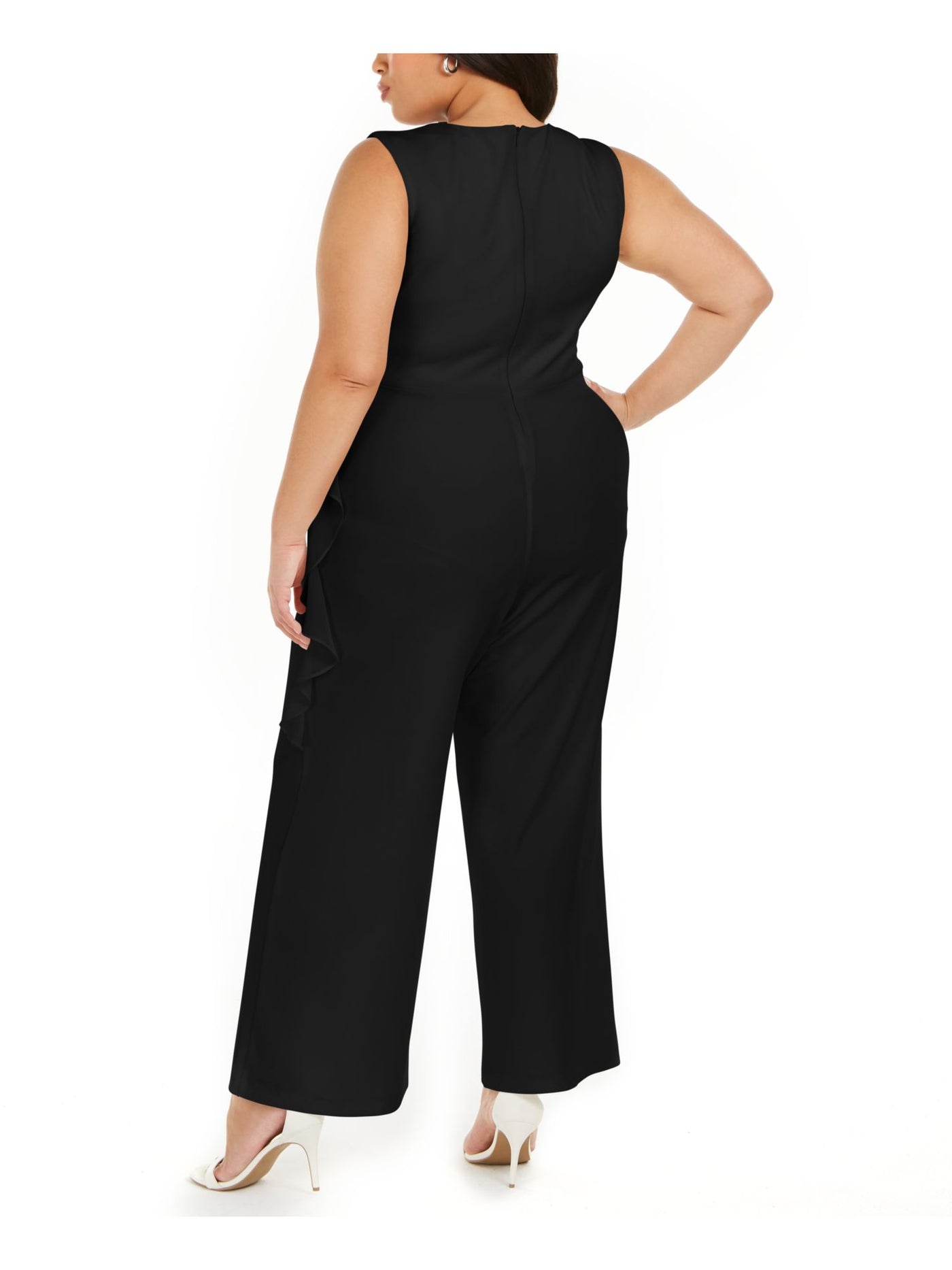 CONNECTED APPAREL Womens Ruffled Zippered Sheer Sleeveless V Neck Cocktail Wide Leg Jumpsuit