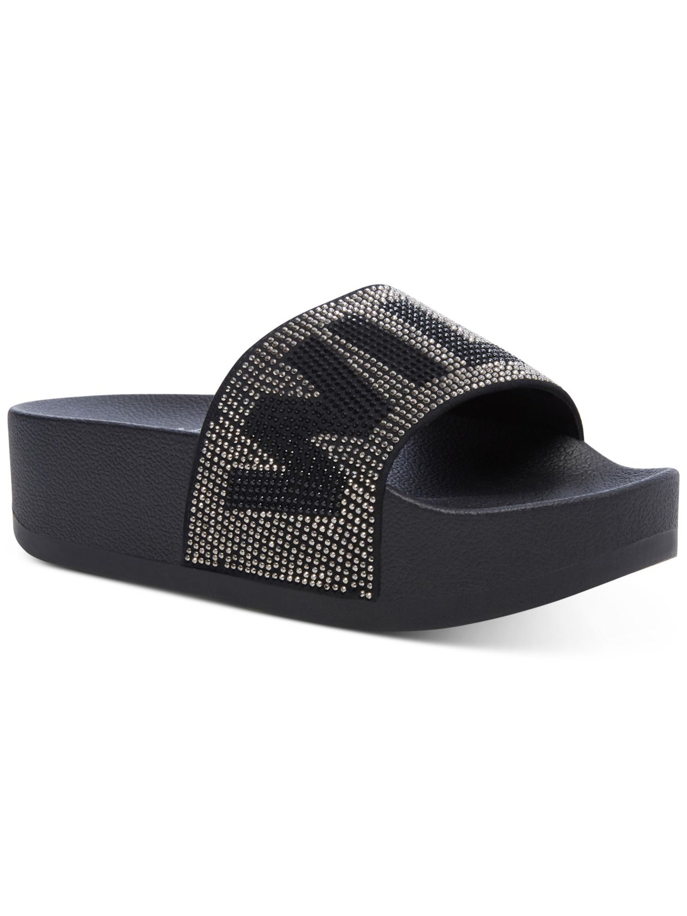 WILD PAIR Womens Black Logo Cushioned Rhinestone Caroletta Round Toe Platform Slip On Slide Sandals Shoes 7.5