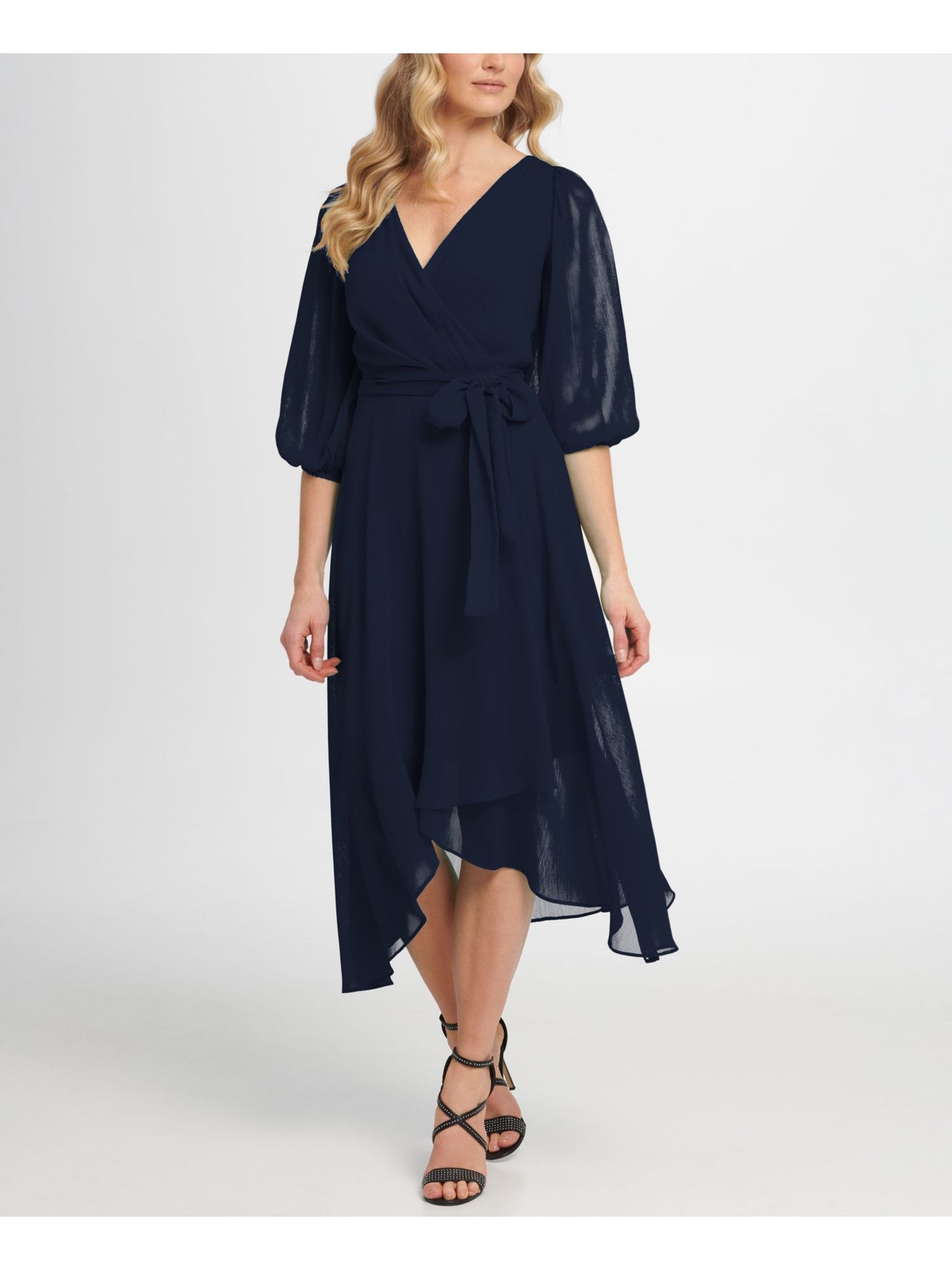 DKNY Womens Navy Zippered Sheer Lined Self Tie Waist Balloon Sleeve Surplice Neckline Midi Evening Faux Wrap Dress 4