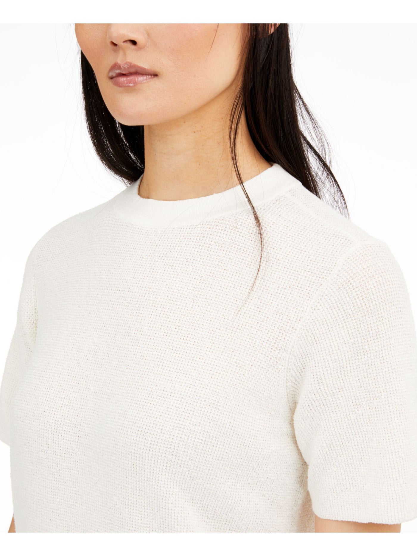 EILEEN FISHER Womens Ivory Textured High-low Short Sleeve Crew Neck Tunic Sweater Petites PM